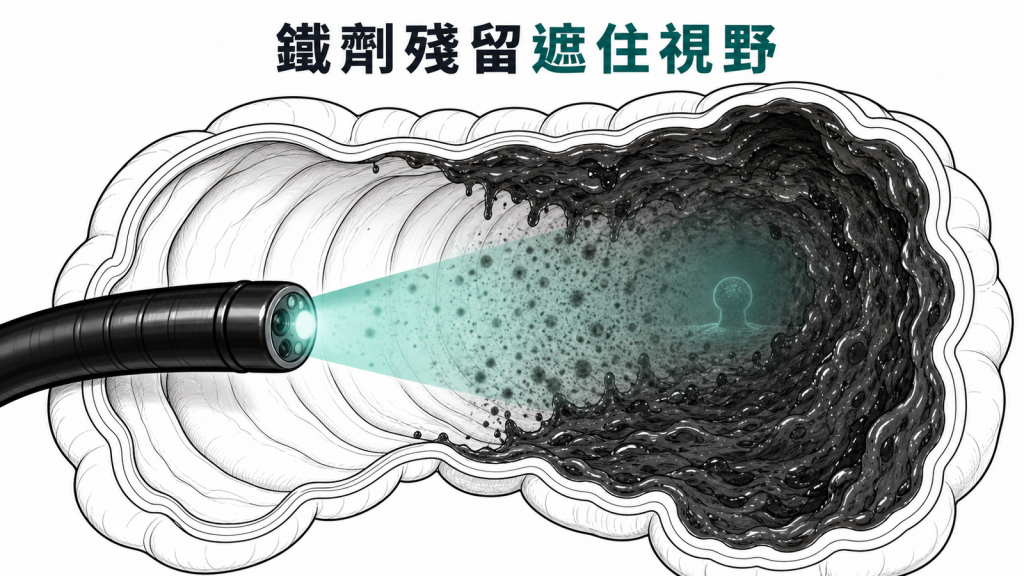 口服鐵劑殘留使腸道變黑黏稠並遮蔽大腸鏡視野