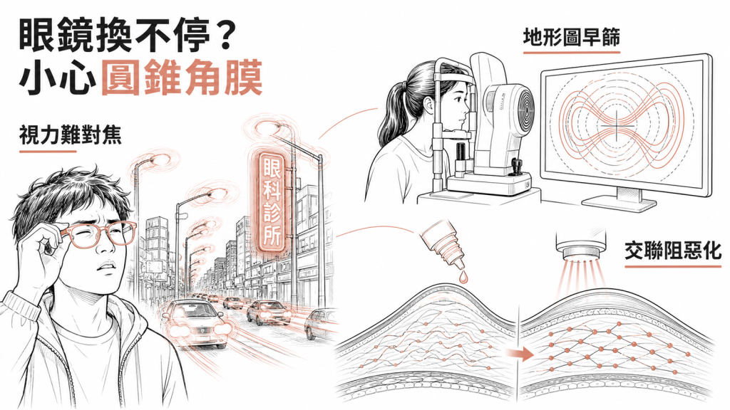 圓錐角膜衛教封面:角膜地形圖早期篩檢與角膜交聯術阻止惡化