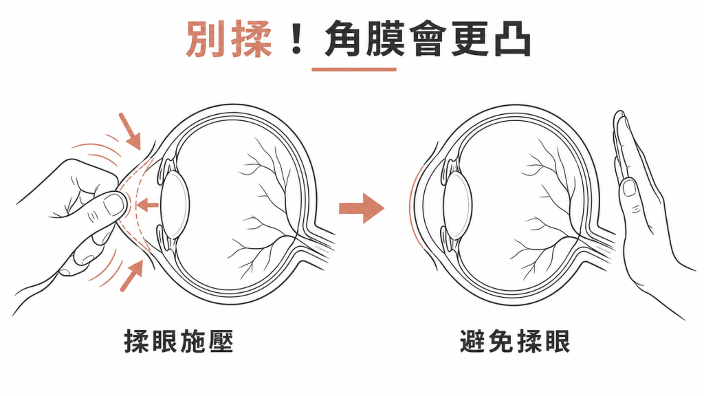揉眼睛對變薄的角膜施加壓力,會讓角膜凸得更明顯