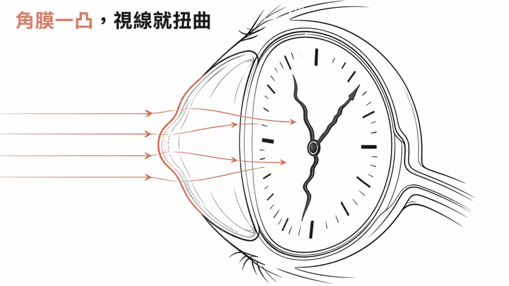 角膜向前凸出讓進入眼睛的光線被打亂,視線因此扭曲