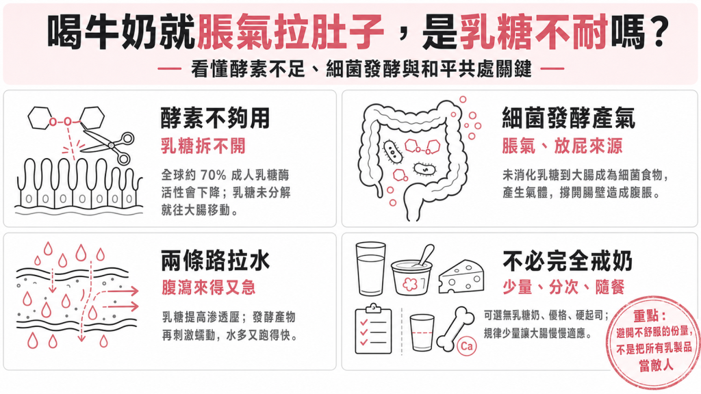 乳糖不耐兩步驟：小腸乳糖酶不足拆不開乳糖，乳糖到大腸被細菌發酵產氣，造成脹氣腹瀉，多數人不必完全戒奶