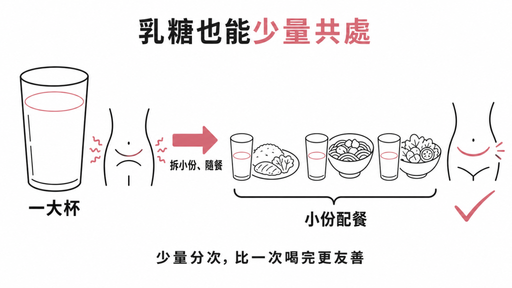 乳糖不耐不必完全戒奶：一大杯容易不適，拆小份、分次、隨餐吃更友善