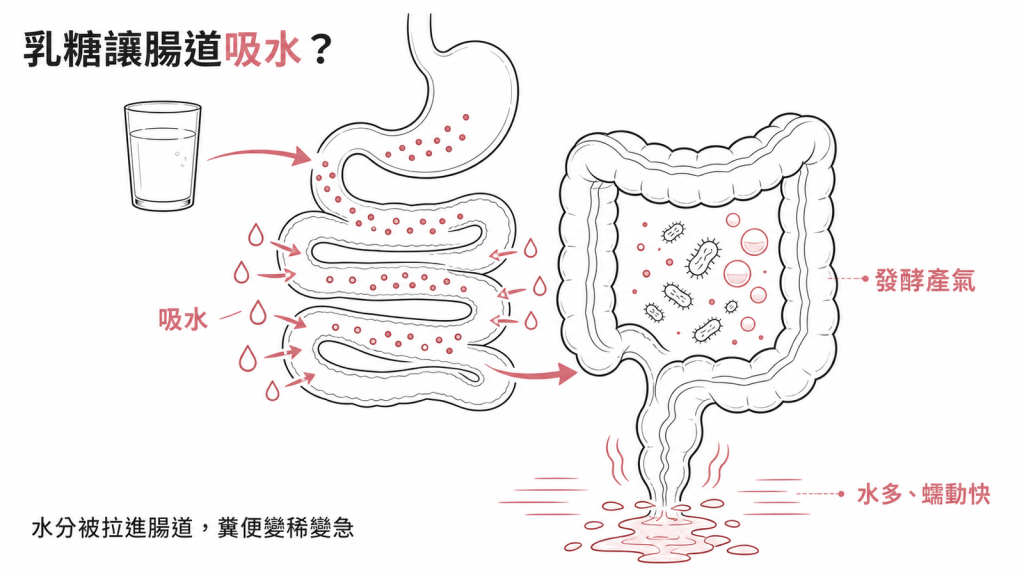 乳糖不耐腹瀉的雙重機轉：小腸滲透效應把水拉進腸道，大腸細菌發酵產氣增加水分與蠕動