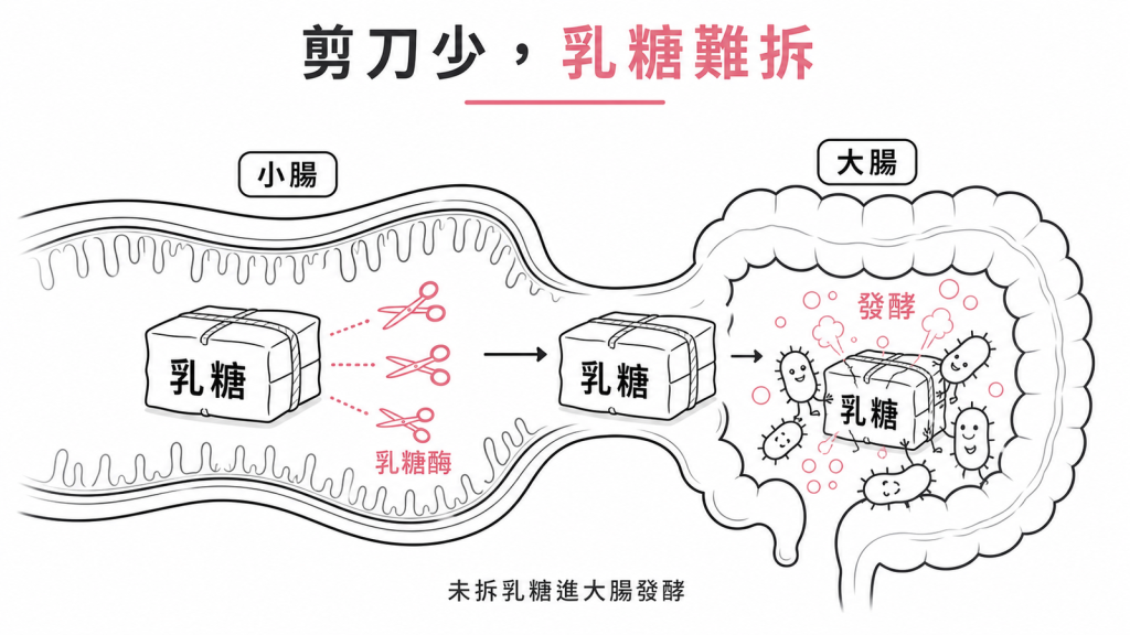 小腸乳糖酶像剪刀，數量變少就拆不開乳糖，未消化的乳糖進入大腸被細菌發酵