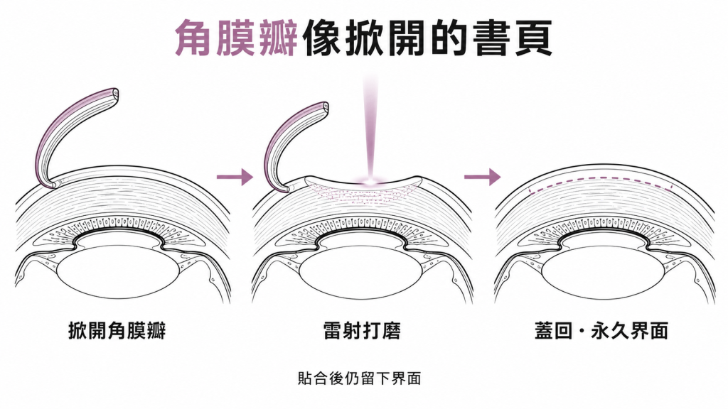 LASIK先掀開角膜瓣在底下雷射打磨再蓋回，這道界面成為角膜上永久結構