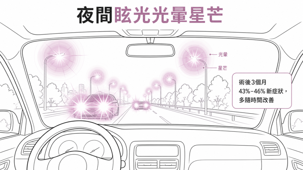 術後夜間眩光光暈星芒，PROWL研究術後3個月43%-46%新視覺症狀多隨時間改善