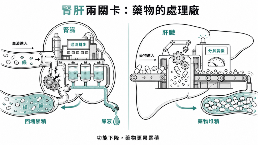 腎臟像污水處理廠排出藥物與鎂、肝臟像拆解工廠分解藥物，功能下降時藥物與鎂更容易累積
