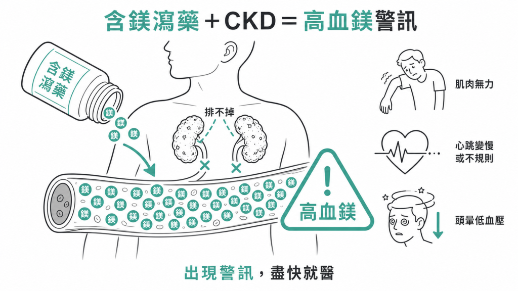 中重度CKD誤用含鎂瀉藥會高血鎂，引發肌肉無力、心跳變慢或不規則、頭暈低血壓，出現警訊盡快就醫