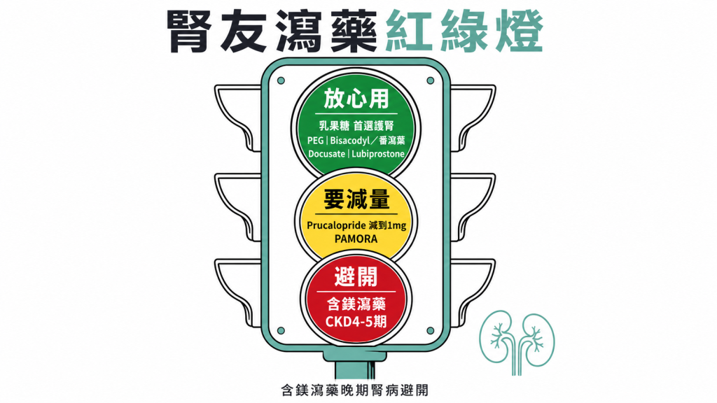 腎友瀉藥紅綠燈：放心用乳果糖PEG等、要減量Prucalopride減到1mg、避開含鎂瀉藥於CKD4-5期