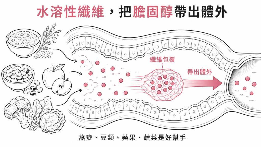 水溶性膳食纖維燕麥豆類蘋果蔬菜在腸道包覆多餘膽固醇一起帶出體外