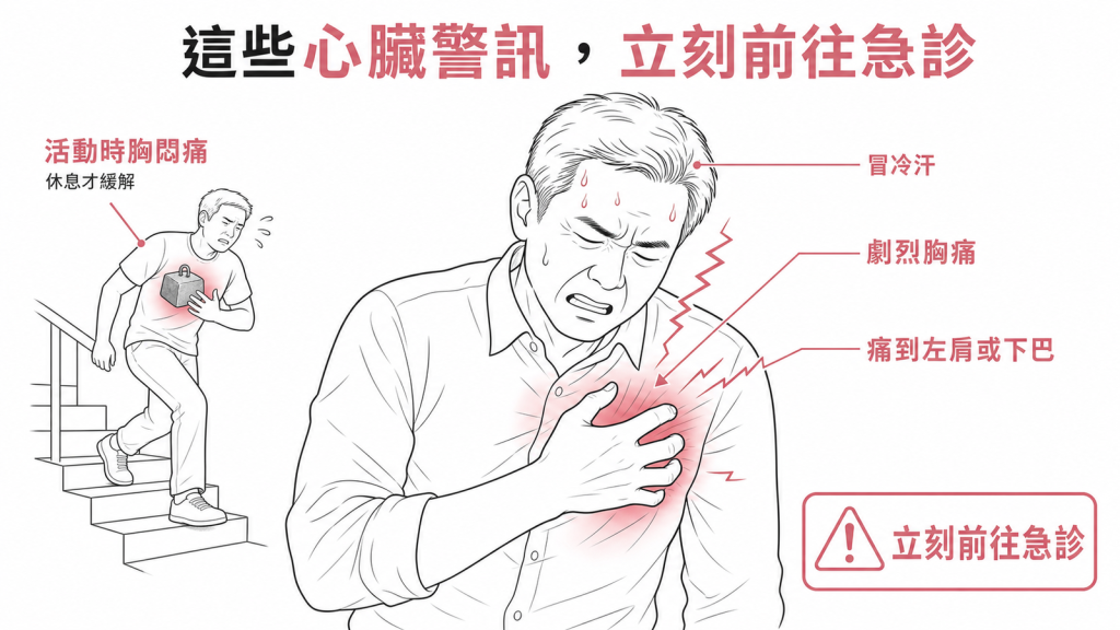 活動時胸悶痛休息才緩解或劇烈胸痛冒冷汗痛延伸左肩下巴立刻前往急診