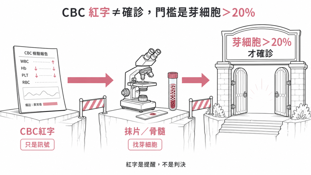 CBC紅字只是訊號不是確診，要經抹片或骨髓找到芽細胞且超過20%才達確診門檻