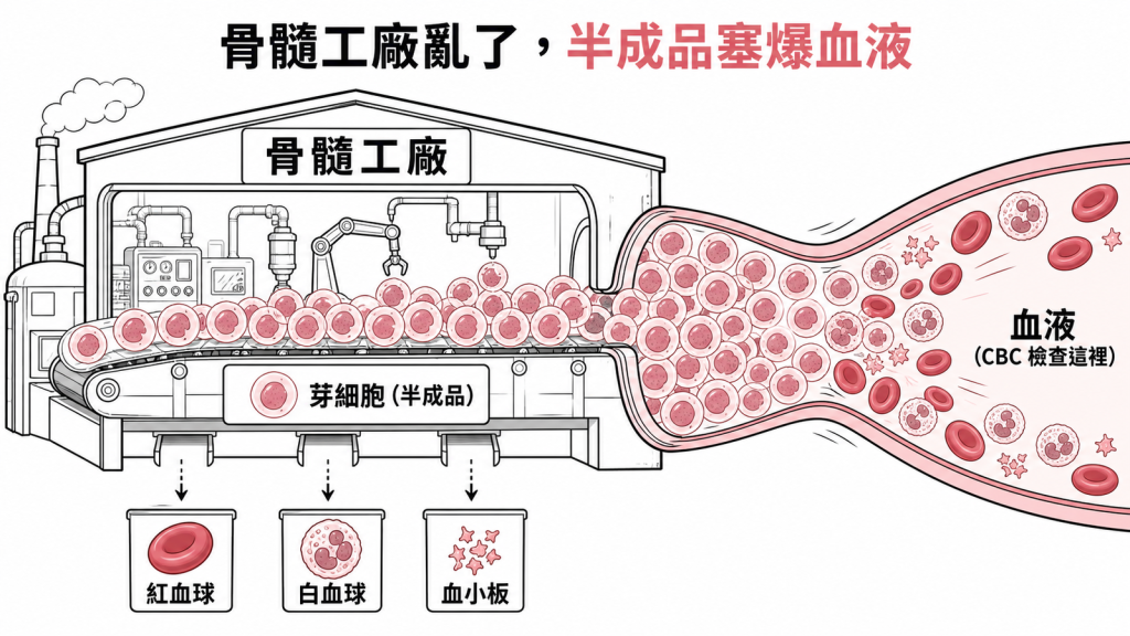 骨髓像血球工廠，芽細胞是失控暴增的半成品塞爆血液，排擠正常紅白血球與血小板