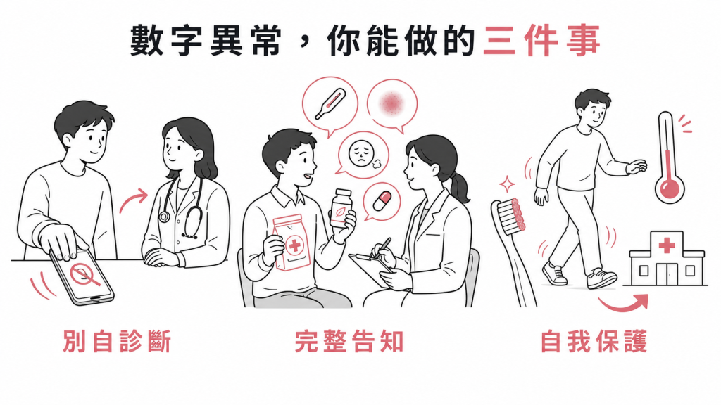 血球數字異常時能做的三件事：別自我診斷做完檢查、完整告知症狀與用藥、血小板低時自我保護