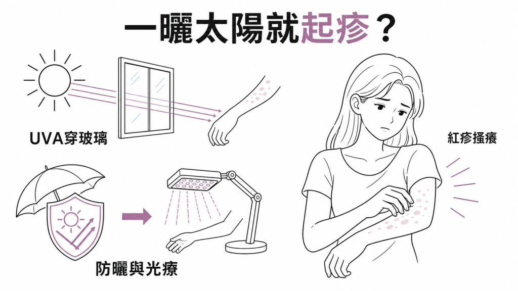 多形性日光疹資訊圖:UVA穿透玻璃誘發手臂紅疹、防曬與預防性光療