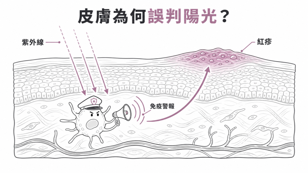 多形性日光疹機轉圖:皮膚免疫細胞把紫外線誤判為入侵者拉警報而引發紅疹