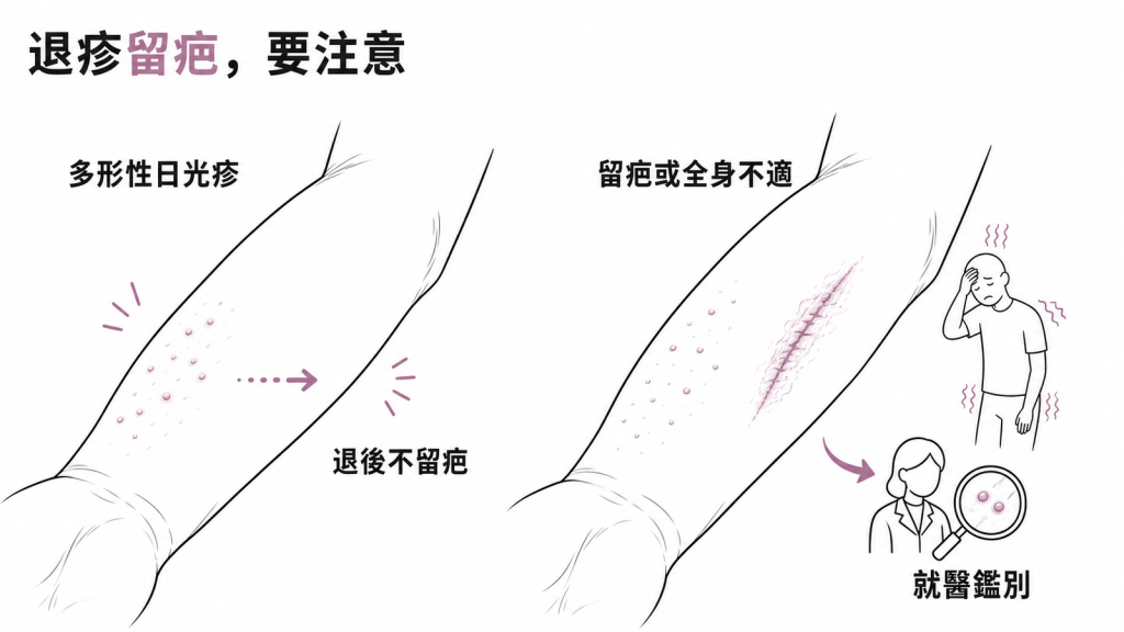 多形性日光疹警訊圖:典型疹子退後不留疤,若留疤或合併全身不適要就醫鑑別其他光敏感疾病