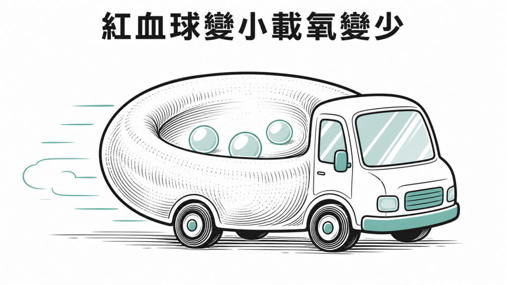 小紅血球如縮小的氧氣貨車示意