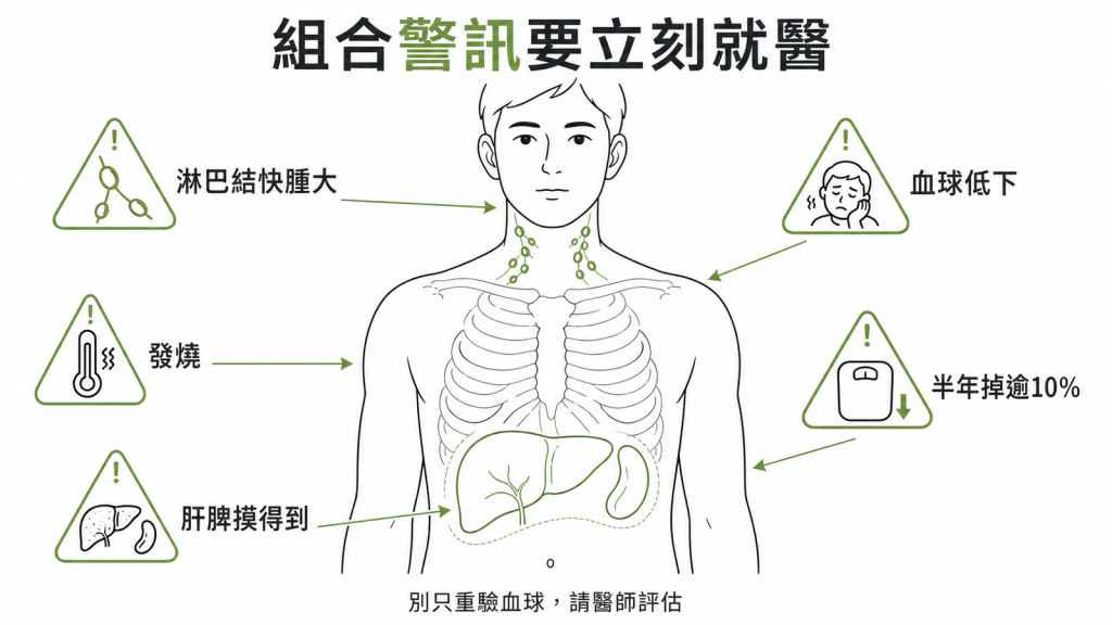 淋巴球偏高合併淋巴結快速腫大血球低下發燒半年體重掉超過10百分比肝脾腫大等組合警訊應立刻就醫