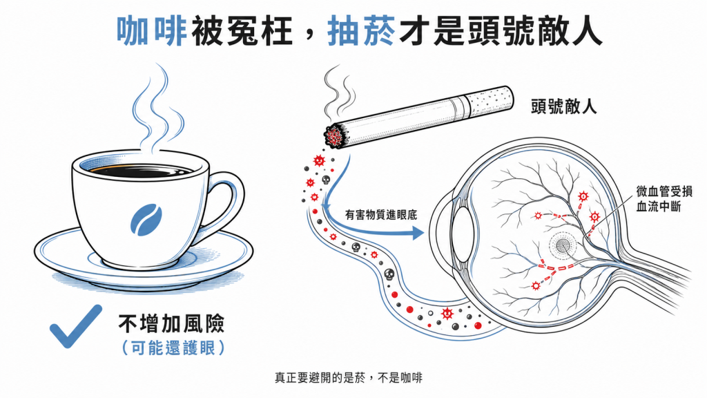 研究顯示喝咖啡不增加黃斑部病變風險甚至可能護眼,真正明確的頭號殺手是抽菸,有害物質進眼底破壞視網膜微血管