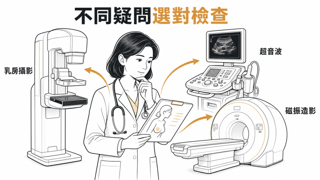 不同問題需要乳房攝影超音波或磁振造影評估