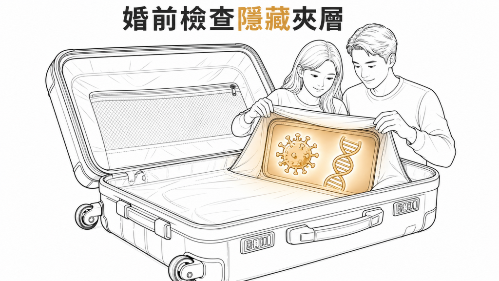 婚前檢查找出傳染與遺傳風險的行李箱線稿圖
