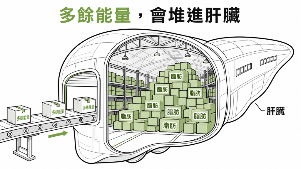 多餘能量會轉成脂肪堆積在肝臟