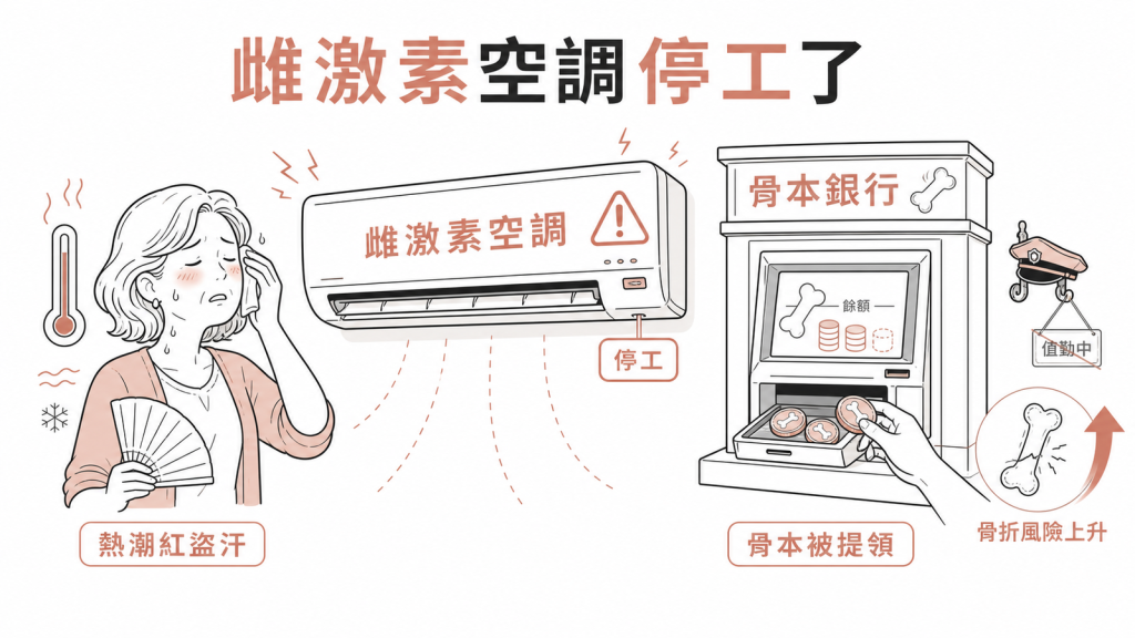 雌激素像中央空調停工造成熱潮紅盜汗，也像骨本銀行守門員下班骨本被快速提領、骨折風險上升