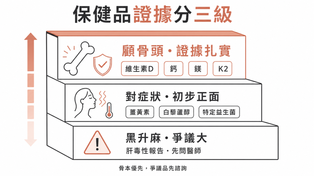 保健品證據分三級：顧骨頭的維生素D鈣鎂K2最扎實、對症狀的薑黃素白藜蘆醇益生菌初步正面、黑升麻爭議大有肝毒性報告