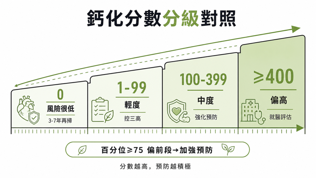 鈣化分數分級：0風險很低3到7年再掃、1到99輕度控三高、100到399中度強化預防、大於等於400偏高就醫評估，百分位大於等於75加強預防