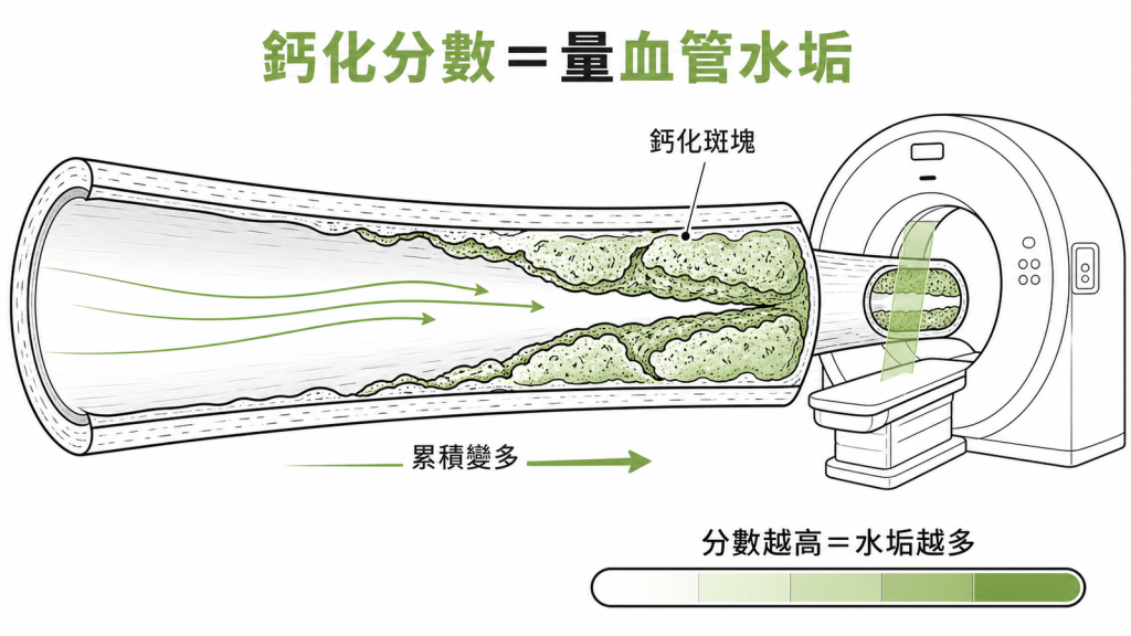 冠狀動脈鈣化分數像量血管內壁的水垢，鈣化斑塊累積越多分數越高，電腦斷層掃描出來