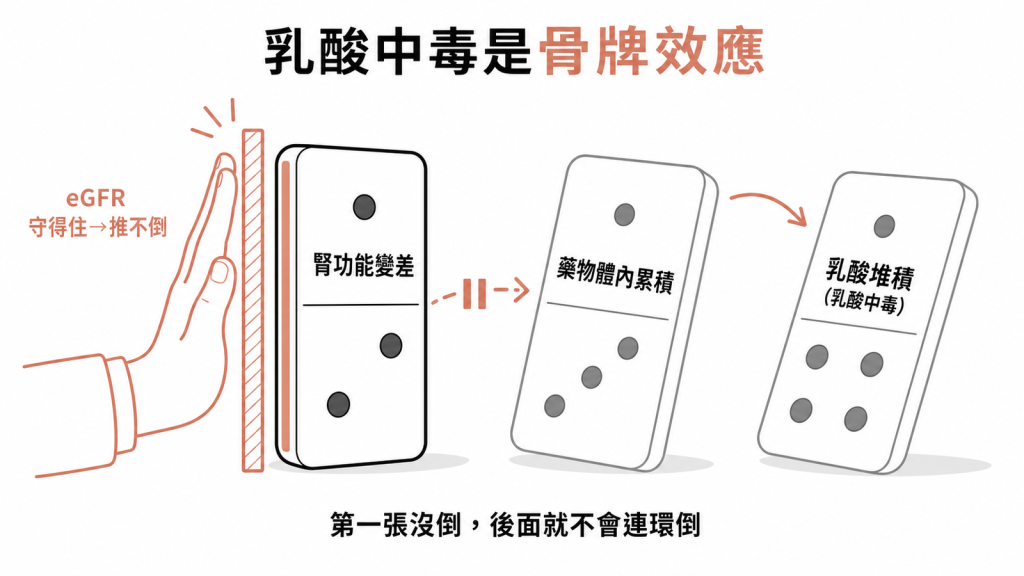 乳酸中毒是骨牌效應：腎功能變差推倒藥物體內累積再推倒乳酸堆積，只要eGFR守得住第一張骨牌就推不倒、後面不會連環發生，實際罕見