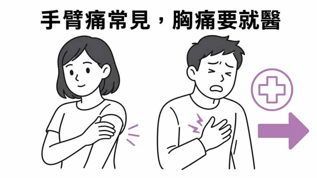 接種後手臂痛常見但胸痛需要儘快就醫的警訊對照