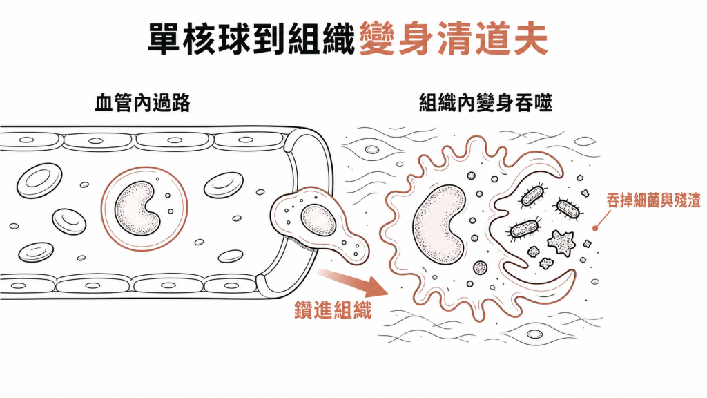 單核球鑽進組織變身巨噬細胞，吞掉細菌與壞死殘渣