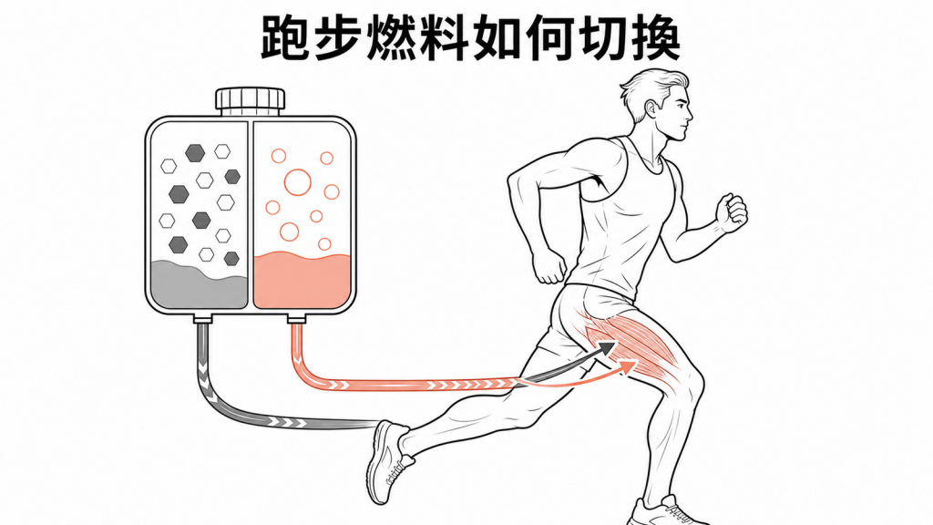長跑時身體使用糖與脂肪燃料的線稿示意圖