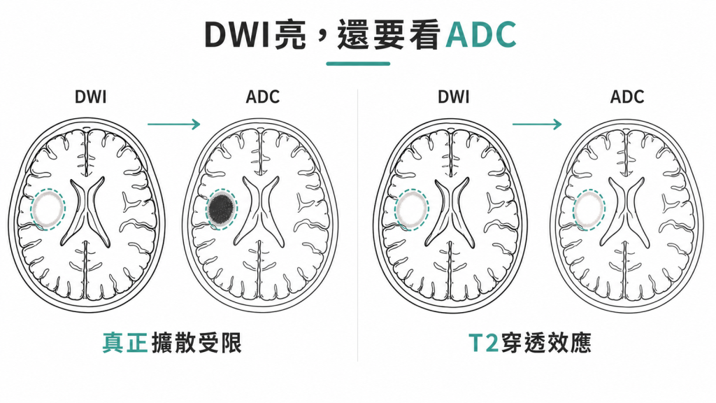 DWI 亮而 ADC 暗代表真正的擴散受限，DWI 與 ADC 都亮則是 T2 穿透效應