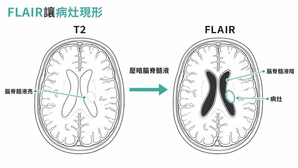 FLAIR 把腦脊髓液訊號壓黑，讓靠近腦室的病灶比 T2 更容易被看見