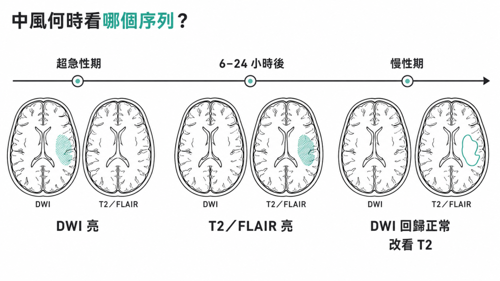 中風時間軸：超急性期看 DWI，6 至 24 小時後 T2 與 FLAIR 才亮，慢性期 DWI 回歸正常改看 T2