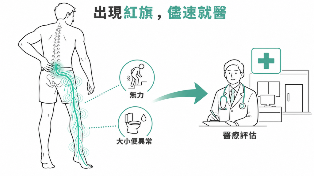 腰痛出現紅旗症狀才需儘速影像評估線稿圖