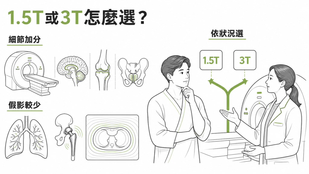 磁振造影 1.5T 與 3T 怎麼選：3T 在腦部、關節、骨盆細節加分，1.5T 在肺部與金屬植入物假影較少