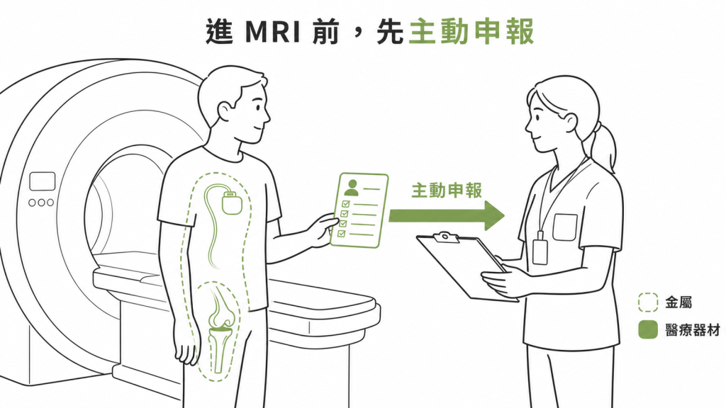 磁振造影檢查前，主動向醫療團隊申報體內的金屬與醫療器材