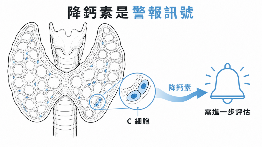 C 細胞分泌降鈣素，異常升高需進一步評估