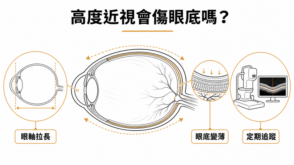 高度近視造成眼軸拉長與眼底變薄的圖解