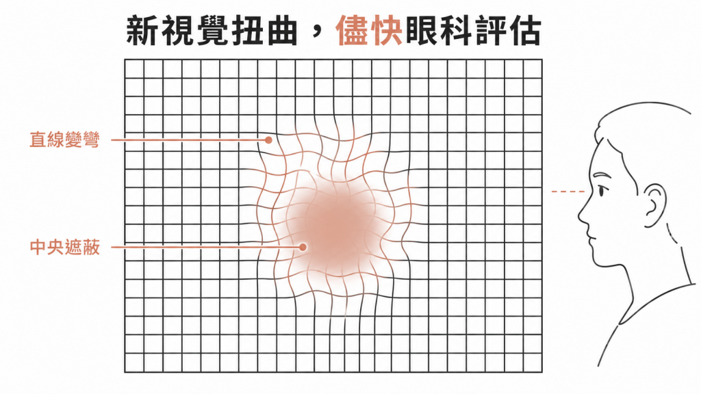 新出現直線扭曲或中央遮蔽時應儘快接受眼科評估