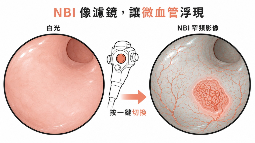NBI像濾鏡把白光換成窄波長讓黏膜下微血管浮現按一鍵切換