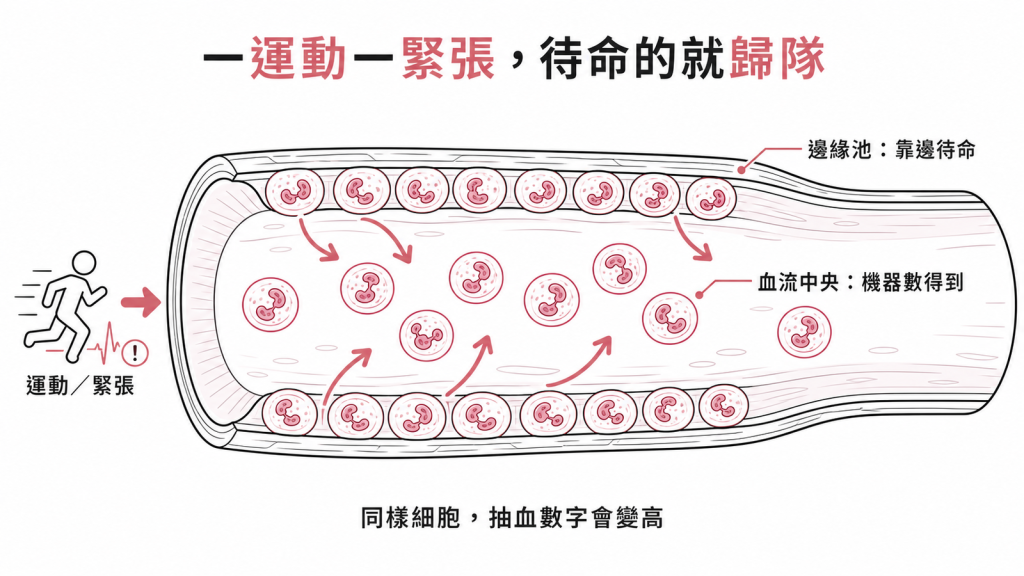 運動或緊張時，貼血管壁待命的邊緣池嗜中性球大量歸隊到血流中央，抽血數字幾分鐘內假性上升