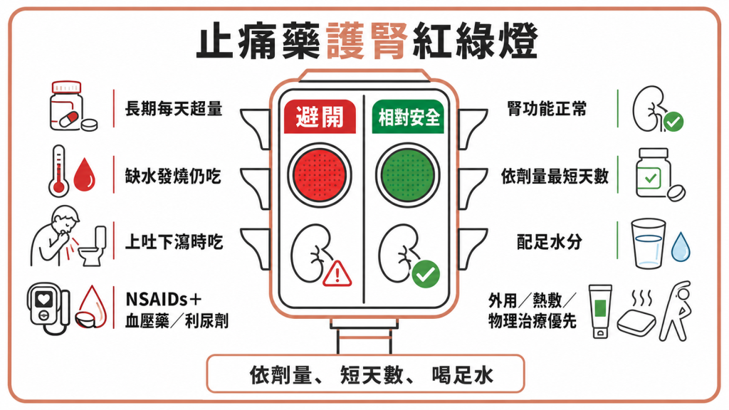 止痛藥護腎紅綠燈：避開長期每天超量、缺水發燒或上吐下瀉時吃、與血壓藥利尿劑併用；相對安全是腎功能正常依劑量最短天數配足水、外用熱敷物理治療優先