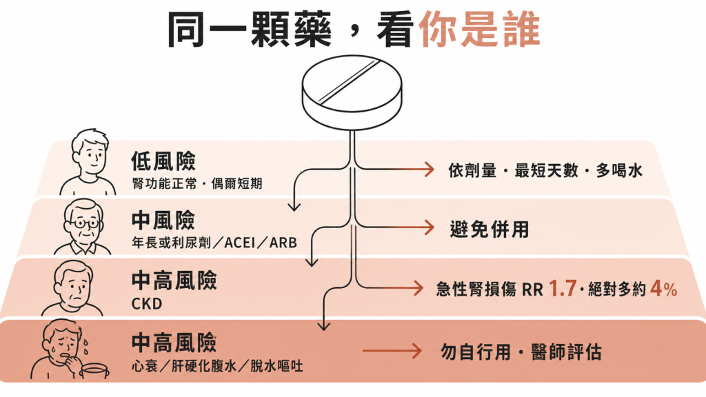 止痛藥風險看你是誰：腎功能正常偶爾短期低風險依劑量最短天數多喝水、年長或吃利尿劑血壓藥避免併用、CKD急性腎損傷風險比1.7絕對多約4%、心衰肝硬化腹水脫水勿自行用經醫師評估
