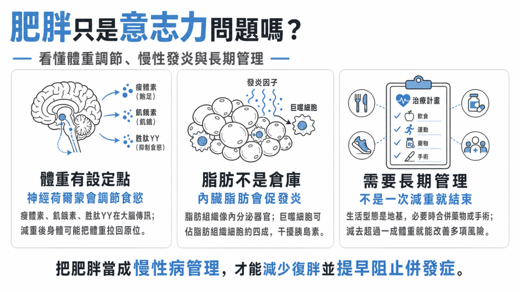 肥胖是慢性病資訊圖：體重調節設定點、內臟脂肪慢性發炎、需長期管理