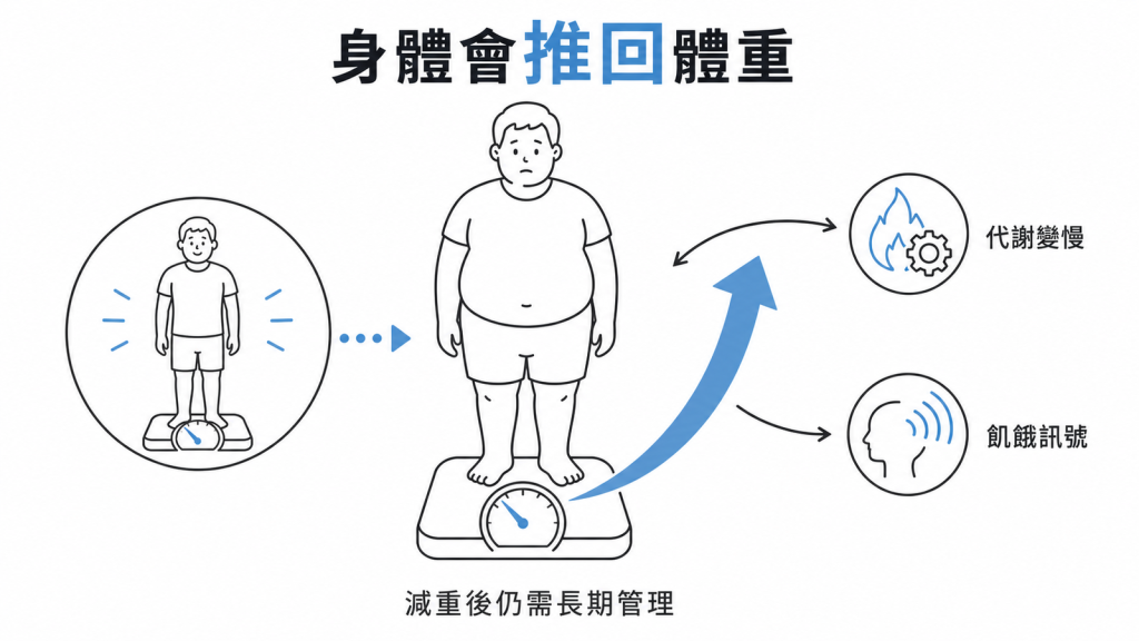 減重後身體推回體重資訊圖：代謝變慢與飢餓訊號使體重回升，需長期管理